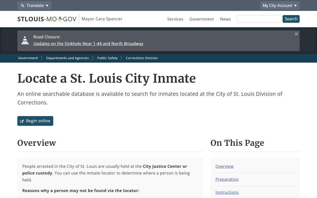 St. Louis City inmate locator landing page with exact-name search instructions