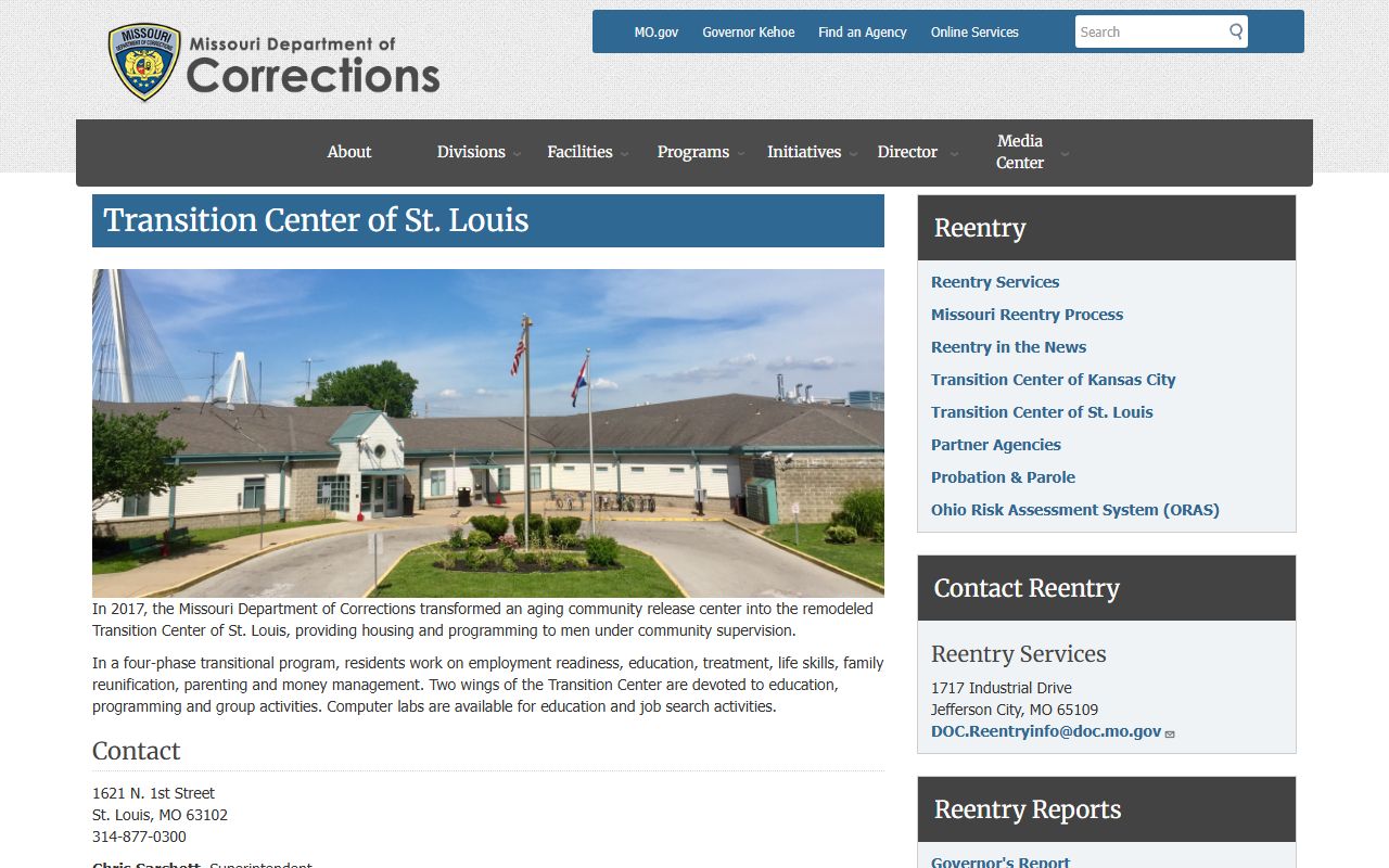 Transition Center of St. Louis Missouri DOC offender lookup and reentry facility page